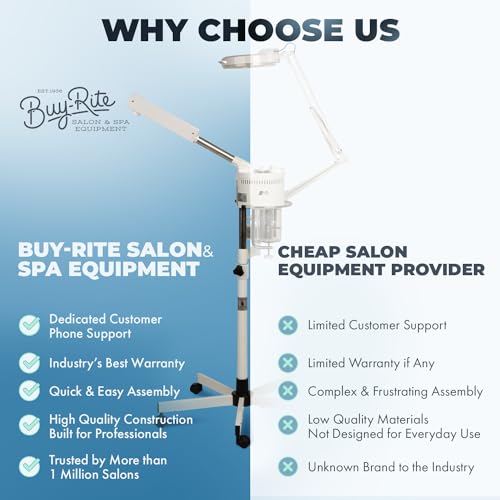 Buy-Rite 2-in-1 Marie Ozone Facial Steamer, 5 Diopter Magnifying Lamp, Fully Adjustable Height, 360' Swivel, Timer and Automatic Shut-Off, Large Star Base with Wheels, MEI-2001A