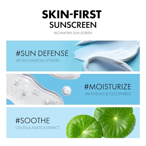 Bio Watery Sunscreen SPF 50 Broad Spectrum Korean Facial Sun Cream with Hyaluronic Acid - Lightweight Daily Face Sunblock Lotion - Vegan, Hypoallergenic, Oxybenzone-Free 1.35 fl oz