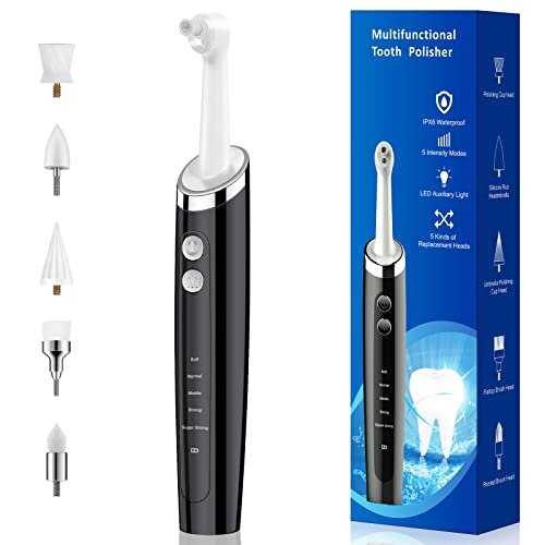 Tooth Polisher, Rechargeable Teeth Polisher for Daily Cleaning, Whitening and Polishing, Electric Dental Teeth Polishing with LED Light, 5 Brush Heads, 5 Speed Modes, Waterproof