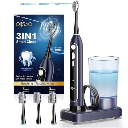 Electric Toothbrush with Water Flosser Combo, All in One Sonic Toothbrush with 3 Modes & 5 Flossing Speeds, Rechargeable & Portable for Adult Teeth Cleaning and Plaque Removal, Dark Blue