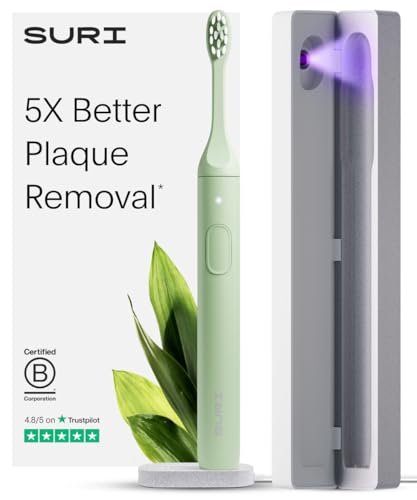 SURI 1.0 Sonic Electric Toothbrush with UV Cleaning Travel Case | 1 Month+ Battery | Designed in California | Electric Toothbrush for Adults | Travel Toothbrushes | Tooth Brush | Green