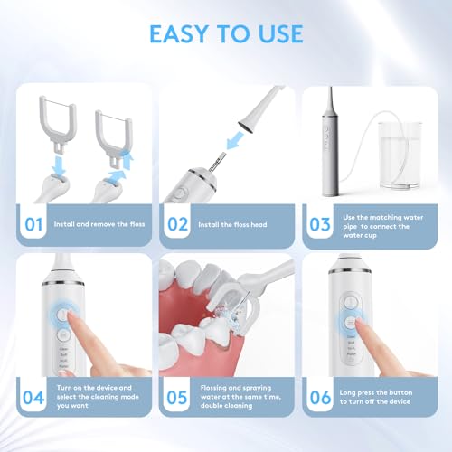 Electric Flosser for Teeth | 3-in-1 Water Dental Floss & Toothbrush & Water Flosser with 4 Modes，Cordless Power Flossers with 50 Replacement Heads for Adults (White)