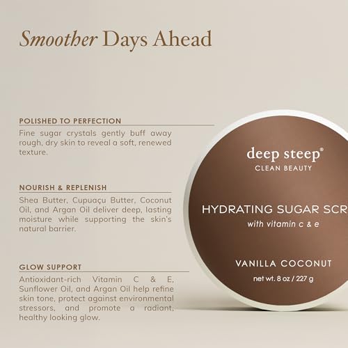 Deep Steep Sugar Scrub, Lavender Vanilla, 8 oz – Exfoliating Body Scrub with Organic Coconut Oil, Shea Butter & Argan Oil – Vegan, Clean Beauty, Smooth, Soft & Nourished Skin