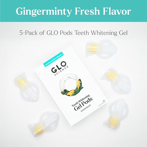 GLO Science Teeth Whitening Gel Pods – Safe, Effective Tooth Whitener with Silicon Brush, 6% Hydrogen Peroxide – Fastest Way to Whiter Teeth, Sensitivity Free – Gingermint Flavor (Pack of 5)
