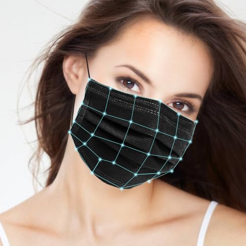 100Pcs Black Disposable Face Mask, 3 Ply Black Face Masks with Soft Elastic Ear loops