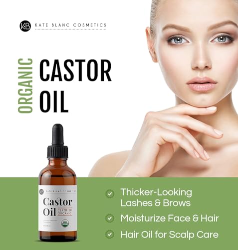 Kate Blanc Cosmetics Castor Oil Organic for Hair, Lashes, Face (2oz), 100% Pure, Cold Pressed, Hexane Free Hair Oil. Lash Serum for Thicker-Looking Eyelashes & Eyebrows