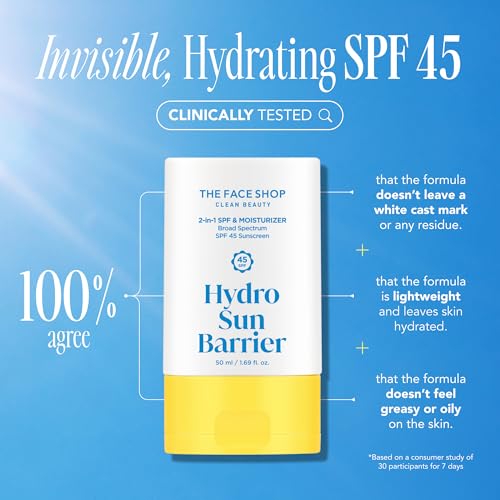 THE FACE SHOP Hydro Sun Barrier Moisturizer SPF 45, Daily Hydrating Facial Sunscreen & Moisturizer, for Oily Skin, Formulated with Calendula & Niacinamide, No White Cast, 1.69 Fl. Oz.
