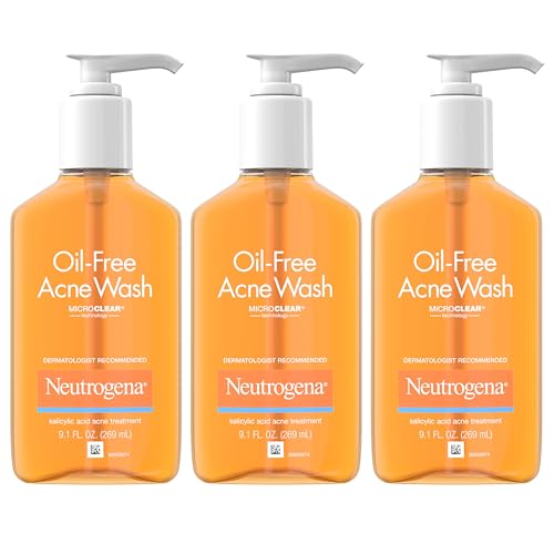 Neutrogena Oil-Free Acne Wash, Acne Fighting Facial Cleanser with Salicylic Acid Medicine, Acne Treatment for Face, Non-Comedogenic, Residue-Free, 9.1 fl oz Pump Bottles, 3 Pack