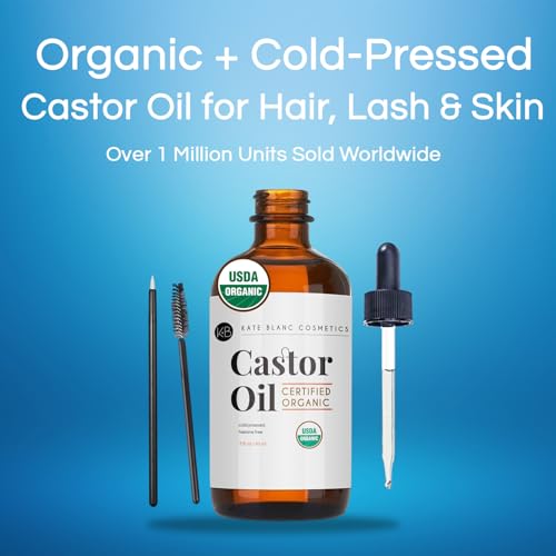 Kate Blanc Cosmetics Castor Oil Organic for Hair, Lashes, Face (2oz), 100% Pure, Cold Pressed, Hexane Free Hair Oil. Lash Serum for Thicker-Looking Eyelashes & Eyebrows