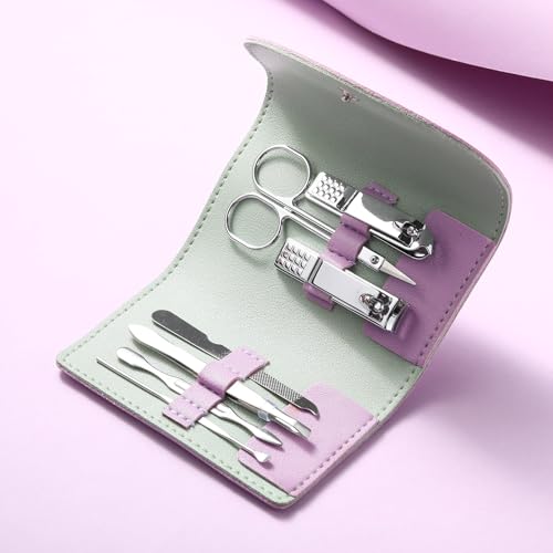 12 Set Manicure Set Bulk Mini Manicure Nail Clipper Kit 7 in 1 Stainless Steel Professional Nail Care Pedicure with Travel Portable Bag Grooming Kits for Women Men Home(Purple)