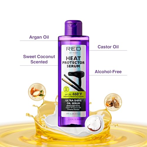 Red by Kiss Heat Protector Hair Styling Serum, Thermal Protection Ultra Shine Oil Serum, Protects Hair form Heat Damage, Anti Frizz Strengthening Hydrating (6 Fl Oz)