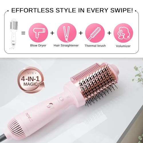 4-in-1 Blow Dryer Brush & Hair Straightener - NOVUS Ionic Hot Air Styler with Titanium Barrel, Volumizer for Frizz-Free Smoothing, Blowout Tool for All Hair Types (Pink)