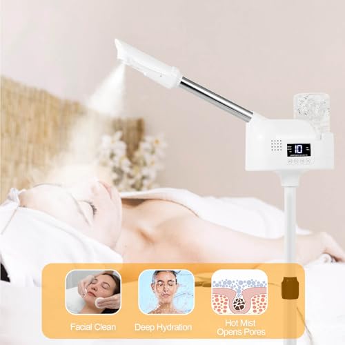 Professional Facial Steamer, Hot Mist Spray, Timer Function for Deep Hydration, Height Adjustable Face Steamer on Wheels and Rotatable Nozzle for Salon Spa Home Use