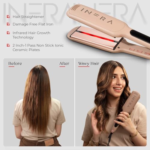 INFRA Ionic Ceramic Plates Flat Iron - 2 inch Infrared Quick Heat Up Hair Straightener - Best for All Hair Types - Professional 2 in 1 Straightener for Straight, Wavy, and Curly Hairs - Velvet