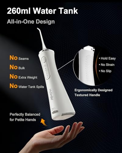 MySmile LP211 Water Flosser Cordless for Teeth, 5 Modes Portable Oral Irrigator, 260ML Water Dental Picks for Sensitive Teeth Cleaning, IPX7 Travel Rechargeable Water Flossing &2 Teeth Wipes
