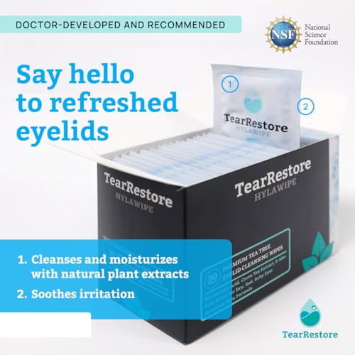 TearRestore Tea Tree HylaWipe Eyelid Wipes - 30 Count | Hydrating Eye Lid Cleanser | Blepharitis Treatment for Eyelids | Eye Lid Cleansing Wipes | Eyes Wipe for Dry, Red, Itchy, And Irritated Eyes