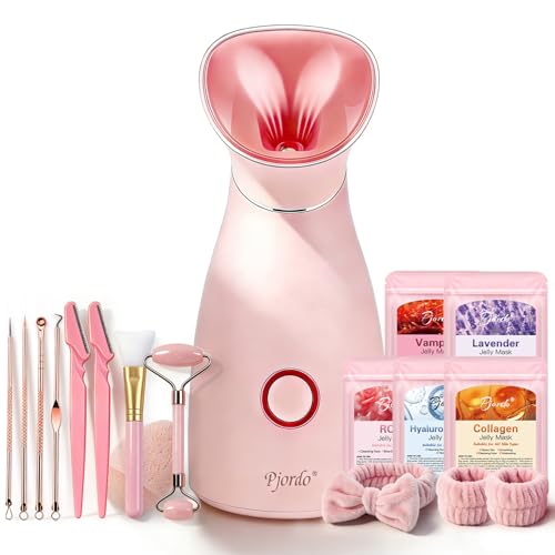Facial Steamer Spa Kit, 12 Skin Care Tools & 5 Jelly Mask Powder, Nano Ionic Steamer for Facial Deep Cleaning Unclog Pores Sinuses, Warm Mist Humidifier for Home SPA, Valentines Gifts for Women