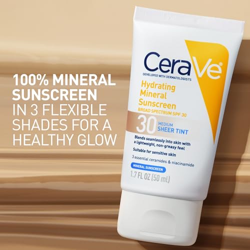 CeraVe Hydrating Mineral Sunscreen SPF 30 with Sheer Tint, Tinted Mineral Sunscreen with Zinc Oxide & Titanium Dioxide, Blends Seamlessly For Healthy Glow, Deep, 1.7 Oz
