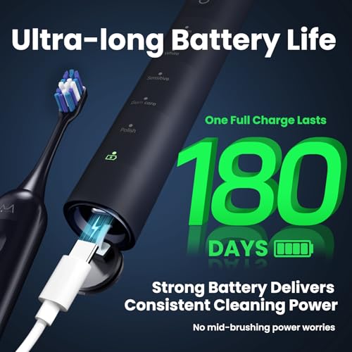 Electric Toothbrush, Marlincare Electric Toothbrush for Adults 180 Days Battery Life Rechargeable with 5 Modes, 48000VPM Motor Smart Timer IPX8, Sonic Toothbrush with 4 Brush Heads &Travel Case, Black
