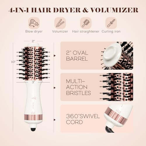 Travel Blow Dryer Brush in one, Dual Voltage 110V-240V Mini Hot Air Brush, Hair Trends Nano Titanium 2 Inch One Step Hair Dryer and Styler Volumizer Oval Shape