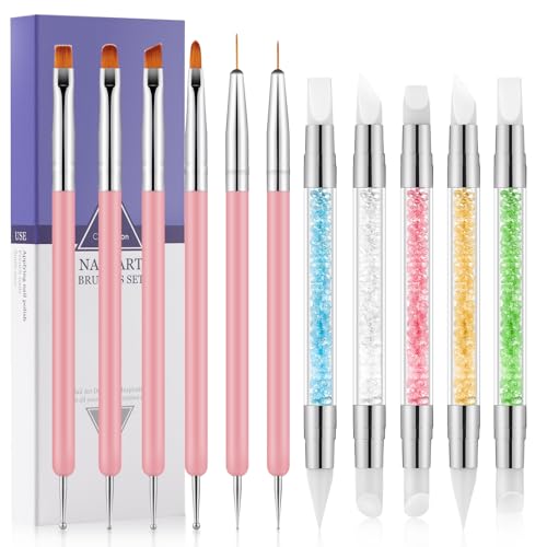 11PCS Nail Art Brushes & Nail Dotting Tools,Double Ended Tipped Silicone Nail Tools,Gel Polish Brush,Liner Brush,Dotting Pen for Home Salon DIY Kit (Pink)