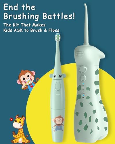 HUACOCARE Kids Water Flosser & Electric Toothbrush Combo | Giraffe & Monkey Design | 3 Gentle Modes & 2 Sonic Modes | All-in-One for Healthy Brushing Habits |Braces-Friendly | Gift for Boys & Girls