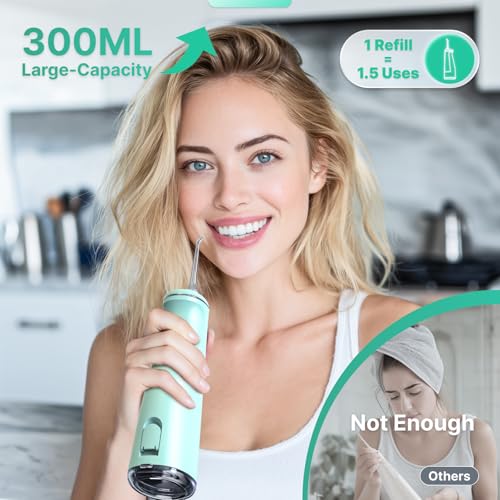 Water Flosser for Teeth, Cordless Oral Irrigator Portable Dental Cleaner Picks with 8 DIY Modes 7 Jets 300ml Tank Braces Flossers Rechargeable (Green)