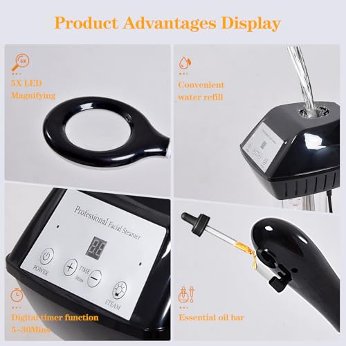 Professional Facial Steamer, 2 in 1 Facial Steamer with 5X Magnifying Lamp, Ozone Face Steamer, Suitable for Home or Beauty Spa Use