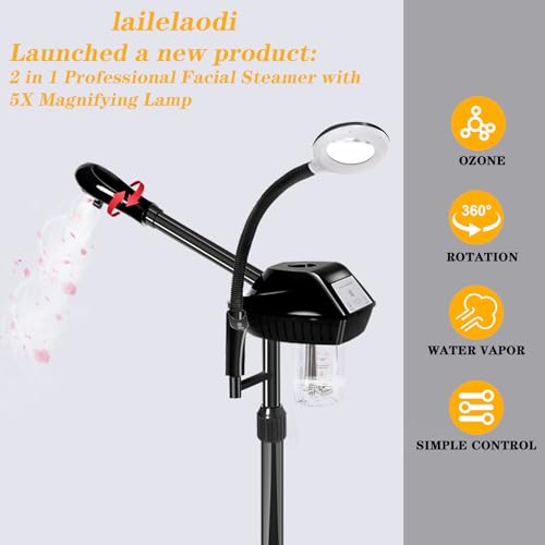 Professional Facial Steamer, 2 in 1 Facial Steamer with 5X Magnifying Lamp, Ozone Face Steamer, Suitable for Home or Beauty Spa Use