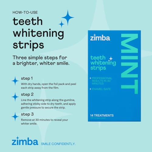 Zimba Mint Teeth Whitening Strips – 28 Vegan, Enamel-Safe Strips with Hydrogen Peroxide, 14-Day Treatment – Tooth Whitener for Coffee, Wine, Tobacco, Other Stains