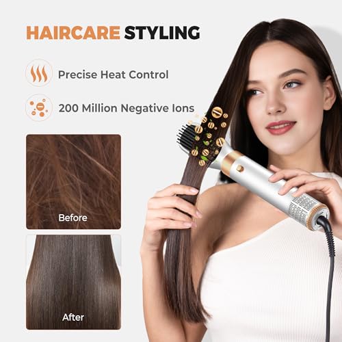 6 in ONE Blow Dryer Brush, Curling Wand Hair Styling Tools Set, Ionic Hot Air Hair Dryer, Massage Oval Hair Dryer, Left&Right Hair Curlers 100-120V (White)