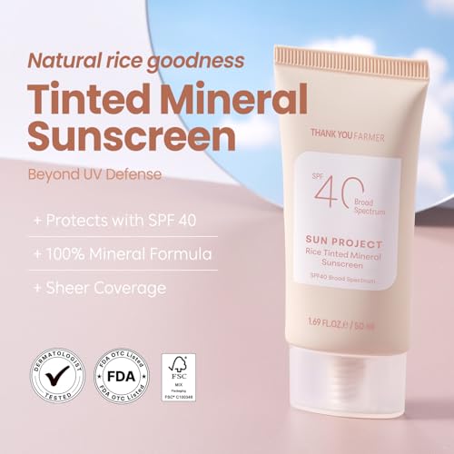 THANKYOU FARMER Sun Project Rice Tinted Mineral Sunscreen SPF40 Broad Spectrum - Korean Face Sunscreen with Zinc Oxide - Tinted SPF with No White Cast, Dermatologist-Tested - 1.69 fl oz