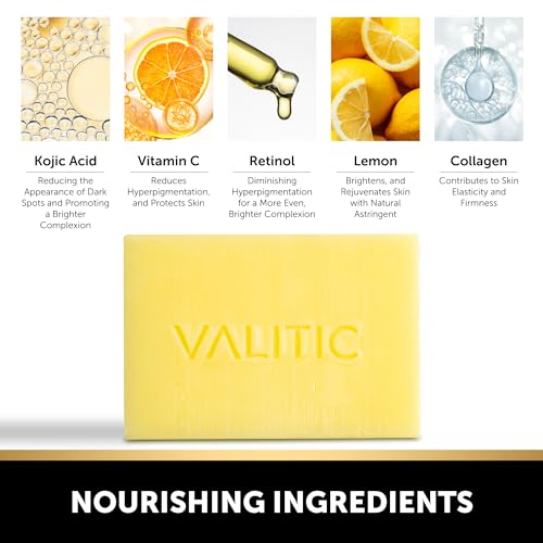 VALITIC Brightening Lemon & Turmeric Kojic Acid Soap, Vitamin C, Retinol - Original Japanese Complex with Hyaluronic Acid, Vitamin E, Shea Butter, Castile Olive Oil - 3 Pack Bundle with African Net