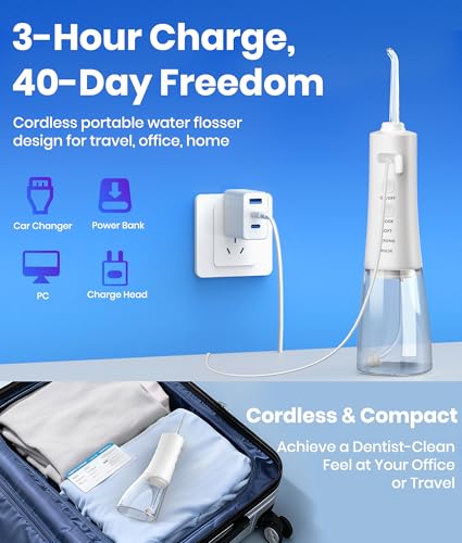 Water Flosser, 300ML Portable Cordless Water Dental Flossers for Teeth Deep Cleaning, IPX7 Waterproof Rechargeable Electric Oral Irrigator Teeth Pick for Travel Home Use and Braces Care (White)