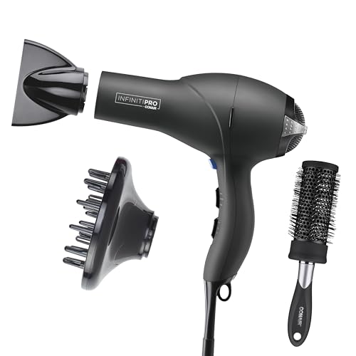 Infiniti PRO CONAIR Hair Dryer with Diffuser, Professional AC Motor, Tourmaline Ceramic Technology Blow Dryer, Includes Concentrator and Blowout Brush, Amazon Exclusive, Gray