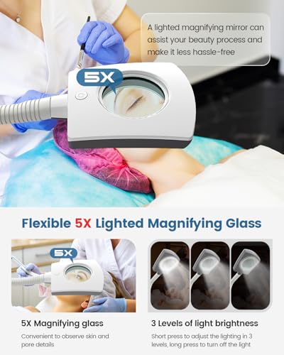 Kingsteam Professional 2-in-1 Facial Steamer with 5X Magnifying Lamp, Salon Grade Hot Mist Esthetician Device, Adjustable Timer, 2 Steam Levels, 3-Level LED Light, White