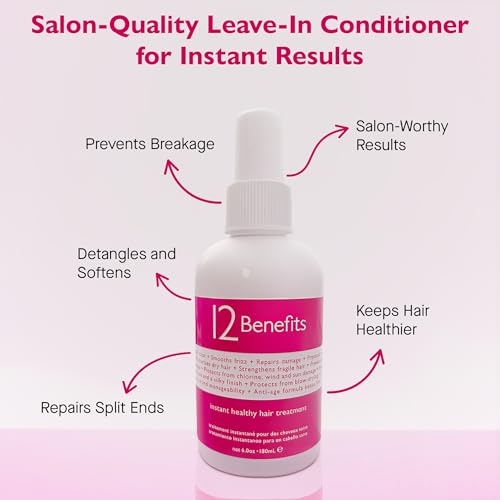 12 Benefits Leave-In Conditioner Spray – Instant Healthy Hair Treatment, Anti-Frizz, Detangles, Strengthens & Repairs, Heat Protection with Quaternium 39 & Silk Fibre Protein, 6 Fl Oz