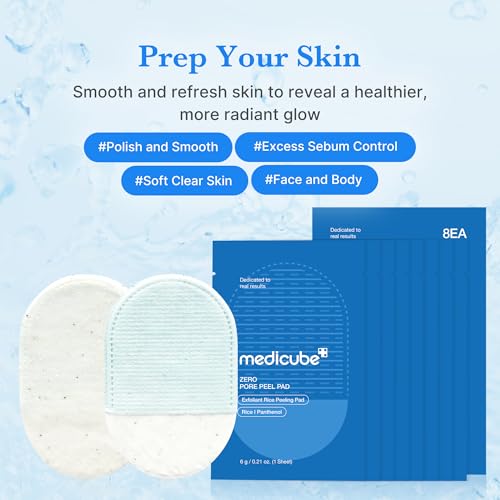 medicube Zero Pore Peel Pads (8ea) | Smoothing Mitt for Face & Body | Rice Extract, Natural AHA & Panthenol | Double-Sided Organic Cotton & Microfiber Pads | Polish for Smooth, Clear Skin