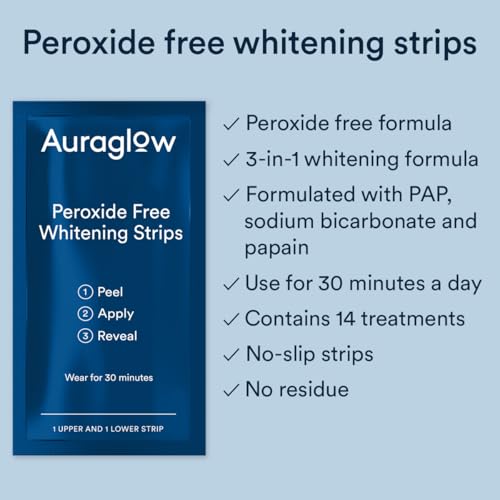Auraglow Teeth Whitening Strips, Peroxide Free, 14 Treatments, Whitens Teeth Without Sensitivity, Natural Whitening Strips, Removes Years of Stains, Enamel Safe Teeth Whitener, 28 Strips, Mint