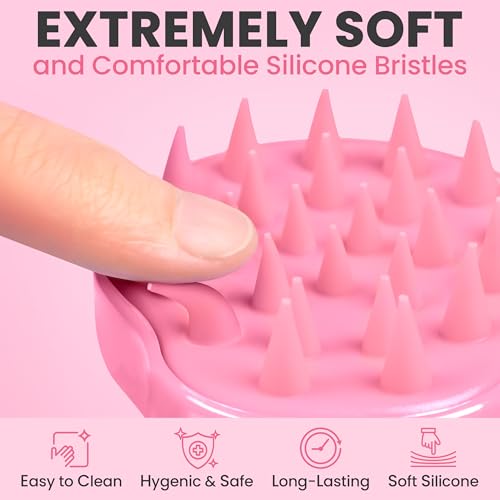RELAXXO Scalp Massager Hair Growth – Exfoliator & Hair Scrubber for Scalp, Soft Bristles for Dandruff & Soothing Comfort, Shampoo Brush, Wet & Dry Use, Pink