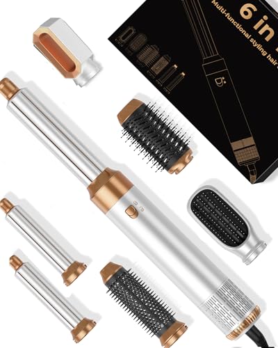 6 in ONE Blow Dryer Brush, Curling Wand Hair Styling Tools Set, Ionic Hot Air Hair Dryer, Massage Oval Hair Dryer, Left&Right Hair Curlers 100-120V (White)