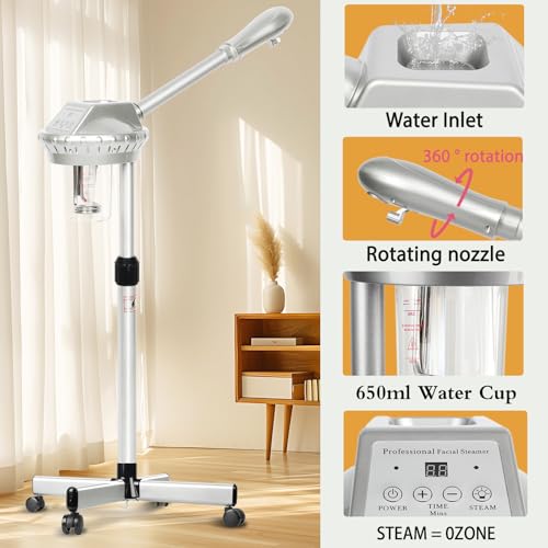 Professional Facial Steamer for Estheticians Face Steamr on Wheels with Hot Mist & Timer Function Suitable for Home Use or Beauty Spa Deep Cleansing and Hydration