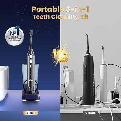 Electric Toothbrush with Water Flosser Combo, All in One Sonic Toothbrush with 3 Modes & 5 Flossing Speeds, Rechargeable & Portable for Adult Teeth Cleaning and Plaque Removal, Dark Blue