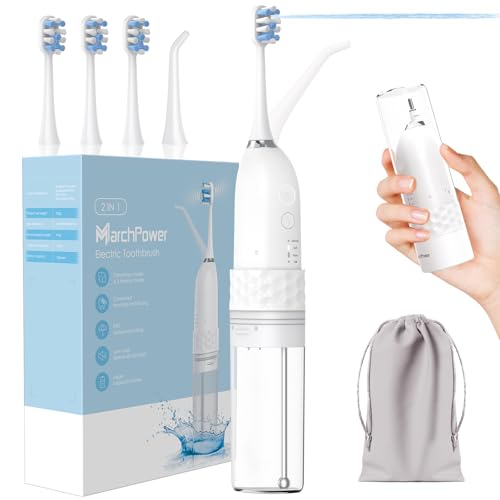 Marchpower Upgraded 2-in-1 Electric Toothbrush with Water Flosser, 3+4 Smart Modes，Portable Oral Irrigator with Point-Jet, Rechargeable IPX7 Waterproof for Home & Travel Use，White