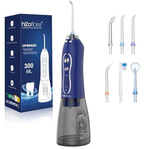 H2ofloss Water Dental Flosser Pick for Teeth: 5 Modes Cordless Portable 300ML Larger Tank Water Teeth Cleaner IPX7 Waterproof Flossing Cleaning Picks for Home Travel Dark Blue