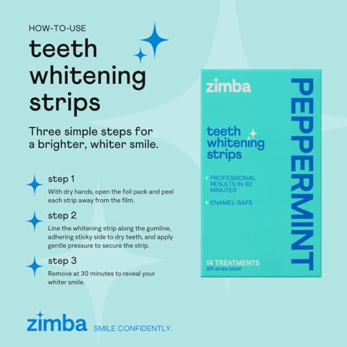 Zimba Peppermint Flavored Teeth Whitening Strips | Vegan, Enamel Safe Hydrogen Peroxide Teeth Whitener for Coffee, Wine, Tobacco, and Other Stains | 14 Day Treatment | Peppermint