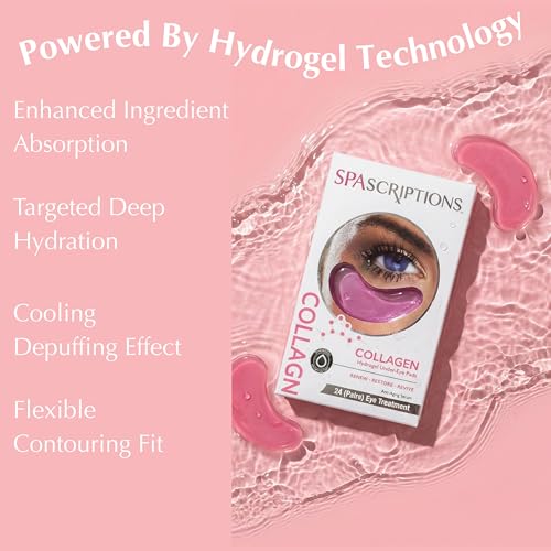 SpaScriptions Collagen Hydrogel Under Eye Patches - Anti-Wrinkle Eye Masks for Dark Circles & Puffiness, Firming & Hydrating Gel Eye Pads for Men & Women for Refreshing Daily Skin Care, 24 Pairs