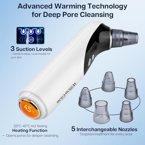 Heated Pore Vacuum, Blackhead Remover with Strong 3-Level Suction, 5 Nozzles for Deep Cleaning Face, Nose & Sensitive Skin, Professional Pore Extractor & Facial Kit