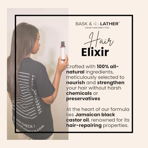 BASK & LATHER Elixir Hair Strengthening Oil, Jamaican Black Castor Oil, For Volume, Thickness, Detangle, De Frizz, Conditions New Hair Growth, 4 fl oz