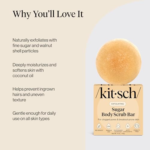 Kitsch Exfoliating Sugar Scrub for Body – All Natural Body Scrub Bar Soap for Smooth, Hydrated & Glowing Skin - Vegan Soap Bar Exfoliator for Men and Women - Made in the USA - 4 oz